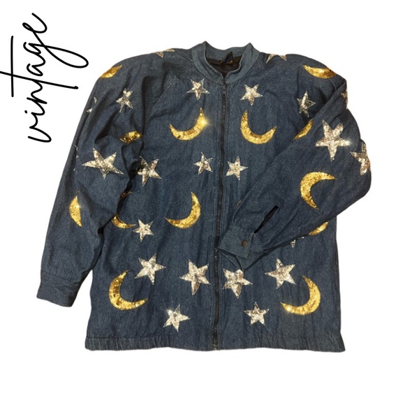 Vintage Jackets & Blazers - Vintage 1980’s Modi Denim Jacket with Gold Moons and Silver Stars